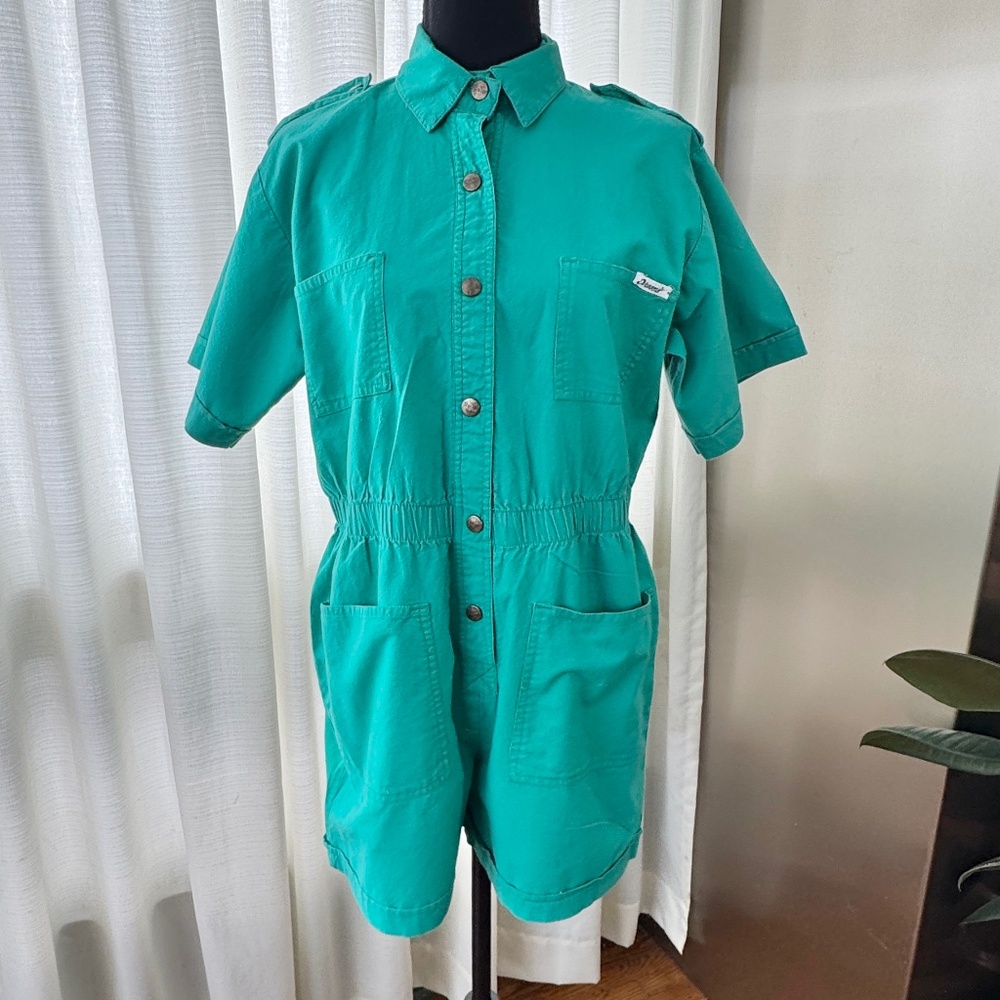 Vintage 1980s romper, turquoise/green, 4 front pockets, modern size 10/12